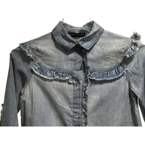Generation Love Ruffle Fray Long Sleeve Button Up Denim Blouse Shirt Sz S - Picture 2 of 4